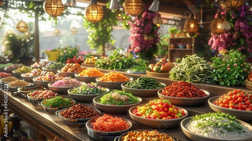 Vibrant world food market, with stalls filled