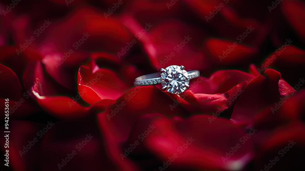 A sparkling engagement ring nestled among red rose petals, capturing the essence of romance in a stunning, A sparkling engagement ring nestled among red rose petals, capturing the essence of romance in a stunning,