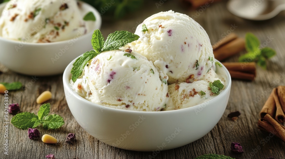 Ice cream with mint leaves, cinnamon and pine nuts on wooden table. A bowl of vanilla ice cream is full of two balls decorated with fresh green herbs and dried fruits. I filled with creamy ice cream Ice cream with mint leaves, cinnamon and pine nuts on wooden table. A bowl of vanilla ice cream is full of two balls decorated with fresh green herbs and dried fruits. I filled with creamy ice cream
