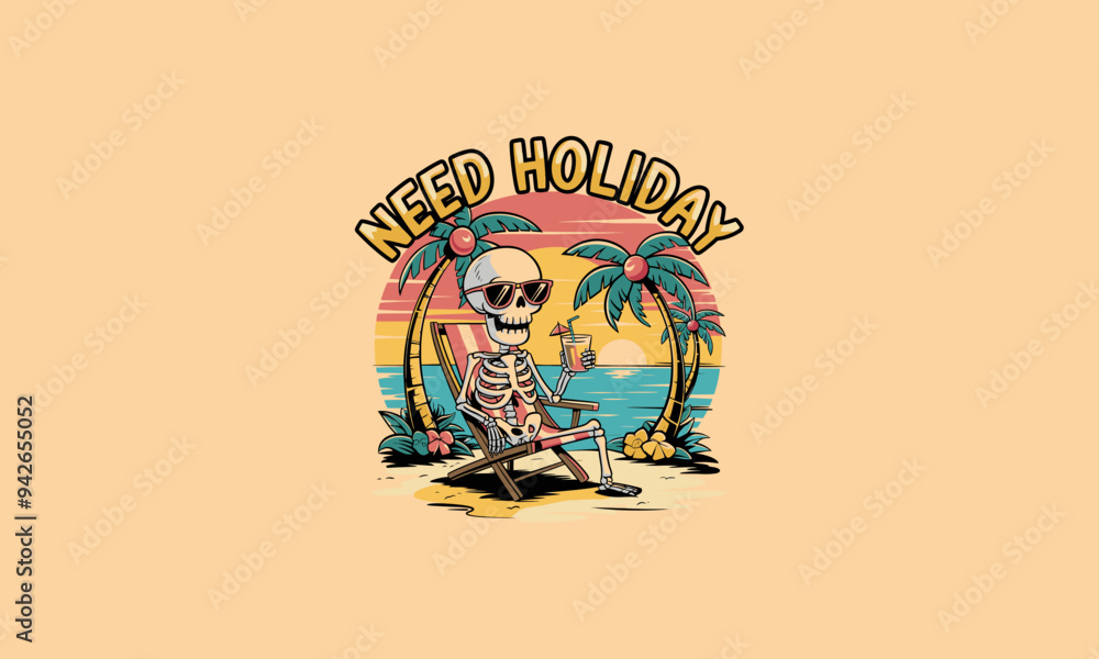 skeleton relaxing on beach palm drink cocktail vector flat design skeleton relaxing on beach palm drink cocktail vector flat design