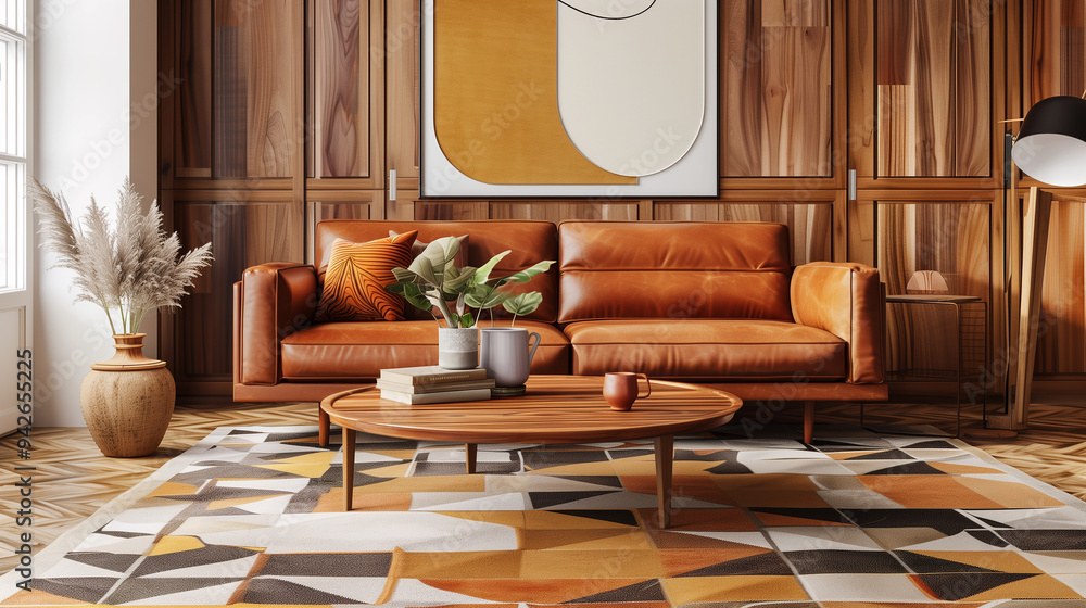 © Ali - Mid-century modern living room interior design with a leather sofa, wooden coffee table, and geometric rug.