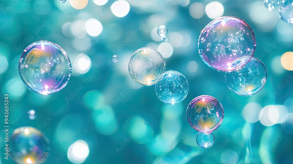 Bright, colorful bubbles drift in the air with a tranquil blue water backdrop, offering a close-up view of their delicate beauty Bright, colorful bubbles drift in the air with a tranquil blue water backdrop, offering a close-up view of their delicate beauty