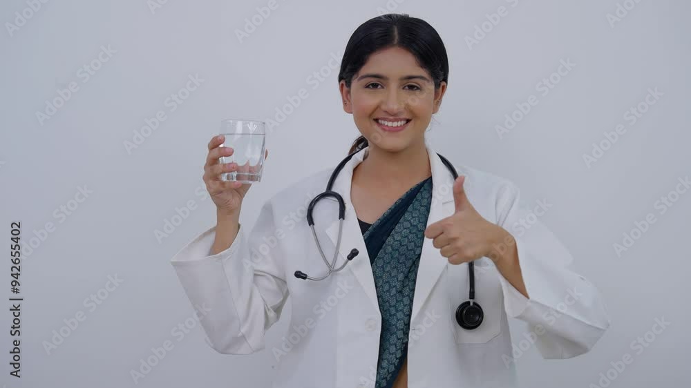 Happy Indian Female Doctor Holding Glass of Water and Showing Thumbs Up Happy Indian Female Doctor Holding Glass of Water and Showing Thumbs Up