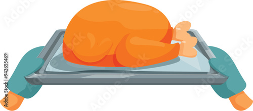 Whole roasted turkey is being held on a baking sheet, ready to be served for a festive meal
