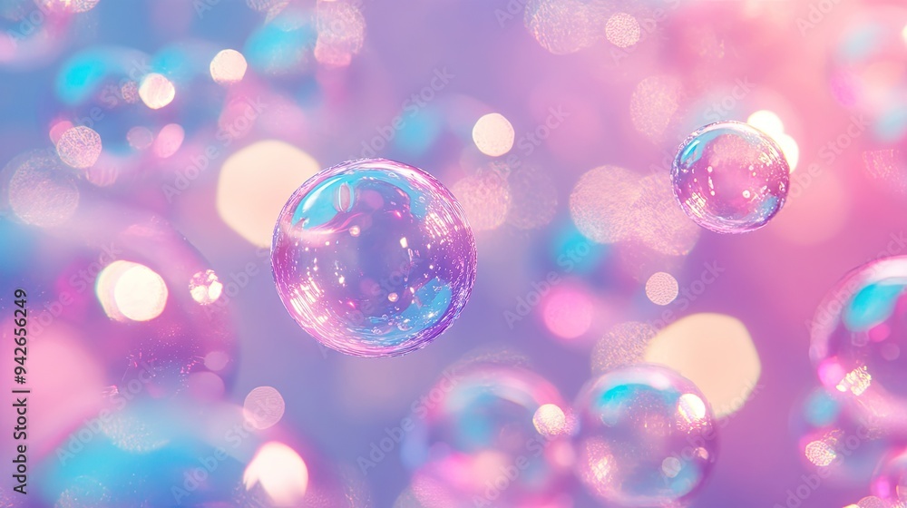 Pink and blue bubbles drift through the air, creating a playful and colorful atmosphere, Pink and blue bubbles drift through the air, creating a playful and colorful atmosphere,