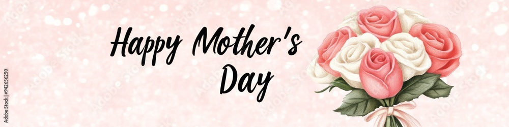 A soft and elegant banner featuring a bouquet of pink and white roses with a delicate ribbon tied around the stems The Happy Mothers Day message is in a graceful script set against a light pink backgr A soft and elegant banner featuring a bouquet of pink and white roses with a delicate ribbon tied around the stems The Happy Mothers Day message is in a graceful script set against a light pink backgr