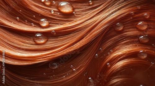 Shimmering drops of pomade gently resting on red hair waves, evoking a peaceful and nurturing atmosphere