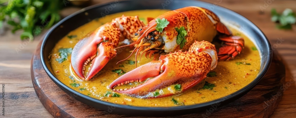 A beautifully plated lobster curry with a coconut base, served in a high-end restaurant with refined Indian decor, lobster curry, luxury, Indian cuisine A beautifully plated lobster curry with a coconut base, served in a high-end restaurant with refined Indian decor, lobster curry, luxury, Indian cuisine