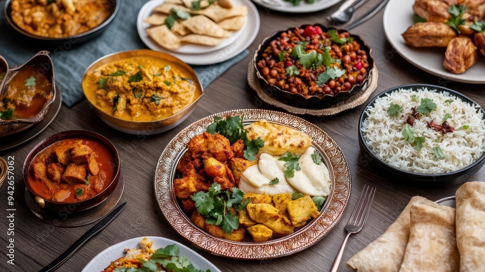 A beautifully set table for a Diwali feast with ornate decor and a selection of festive Indian dishes, Diwali feast, luxury, Indian food A beautifully set table for a Diwali feast with ornate decor and a selection of festive Indian dishes, Diwali feast, luxury, Indian food