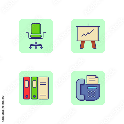 Office interior line icon set. Documents, fax, office chair and presentation board. Working atmosphere concept. Vector illustration for web design and apps