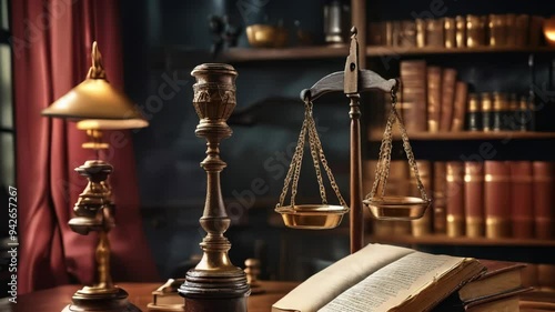  Law and Justice Concept with Scales of Justice on Table in Old Library Room