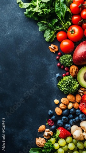 Colorful assortment of fresh fruits, nuts, and vegetables on a dark background, perfect for health and wellness themes.