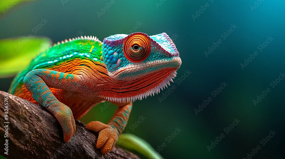 Obraz premium Close-up of colorful chameleon changing colors