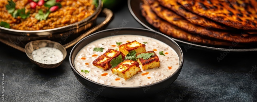 A luxurious vegetarian feast with dishes like paneer tikka and dal makhani served in handcrafted silverware, Indian vegetarian, luxury, feast A luxurious vegetarian feast with dishes like paneer tikka and dal makhani served in handcrafted silverware, Indian vegetarian, luxury, feast