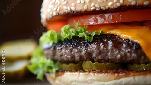 A close-up of a gourmet burger with a sesame seed bun, showcasing juicy beef patties, melted cheddar cheese, fresh lettuce, and vibrant slices of tomato and pickles, all stacked high and dripping with photo