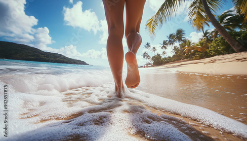 Woman running on the tropical beach in sunny day, Summer vacation concept, close up image