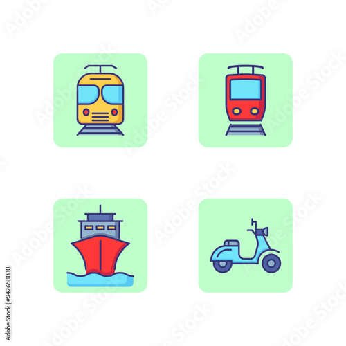 Transport line icon set. Tram, train, ship and scooter. Means of travel concept. Vector illustration for web design and apps