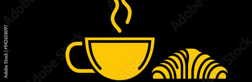 Minimalist yellow coffee cup and croissant icon on black background, symbolizing a classic breakfast with a modern, sleek design