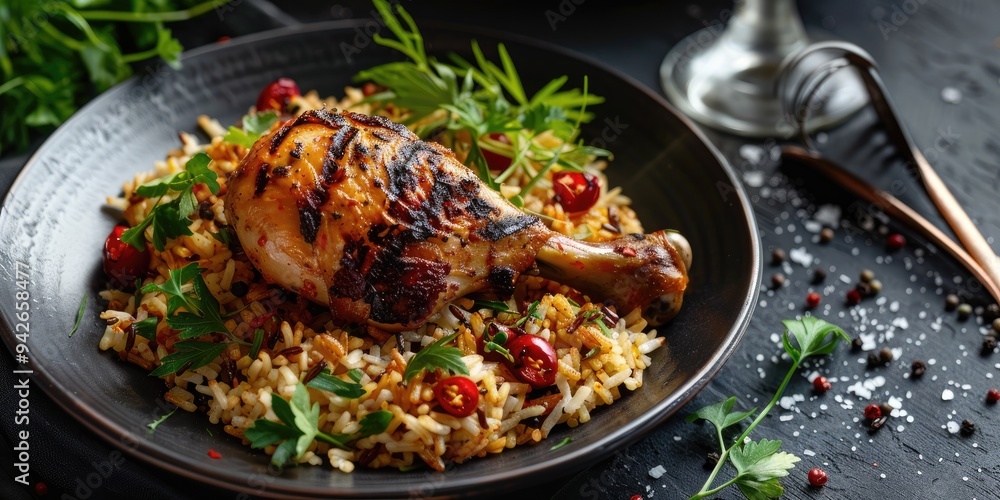 Grilled Chicken Thigh Served with Rice Dish Grilled Chicken Thigh Served with Rice Dish