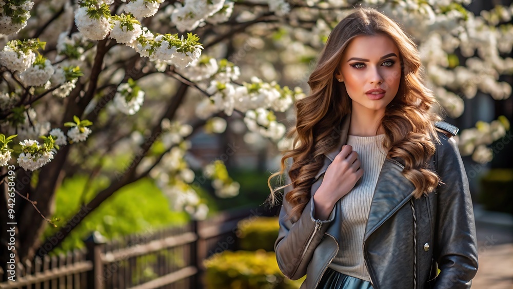 Young Woman In A Leather Jacket Posing In A Spring Garden Young Woman In A Leather Jacket Posing In A Spring Garden