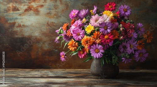 Wallpaper Mural Aster flowers bouquet wooden. Generative AI Torontodigital.ca