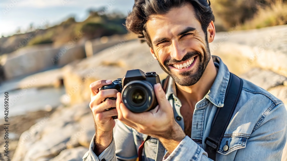 Happy Photographer Taking Pictures Outdoors. Happy Photographer Taking Pictures Outdoors.