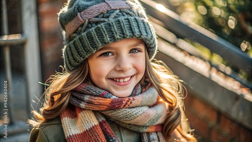 Happy girl in knitted hat and scarf smiling outdoors. Happy girl in knitted hat and scarf smiling outdoors.