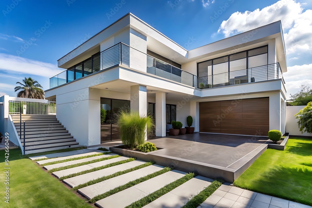 Modern house exterior with garden and driveway. Modern house exterior with garden and driveway.