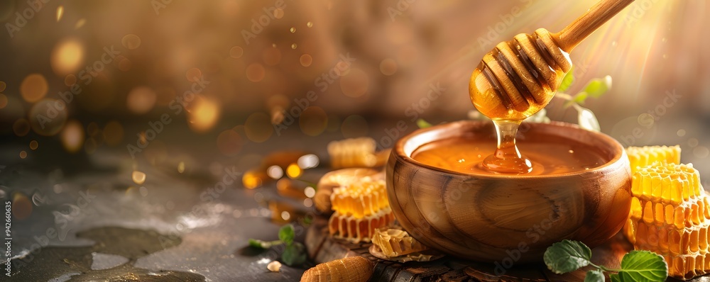 Golden Honey Drizzling into a Wooden Bowl with Honeycomb and Mint Leaves Golden Honey Drizzling into a Wooden Bowl with Honeycomb and Mint Leaves