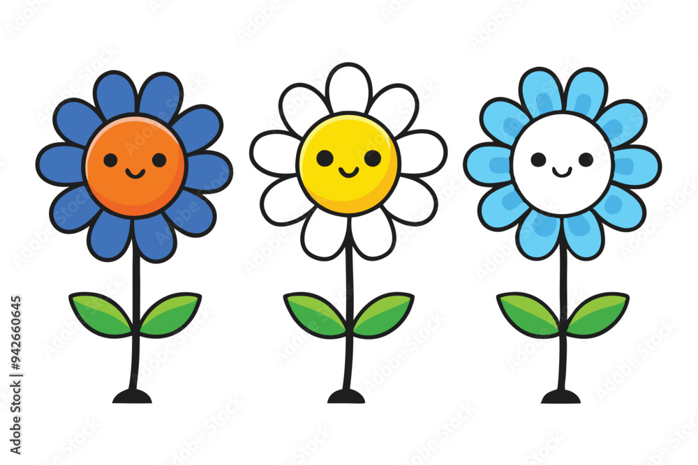 Cute Cartoon Daisy with a Smiling Face and Colorful Petals Cute Cartoon Daisy with a Smiling Face and Colorful Petals