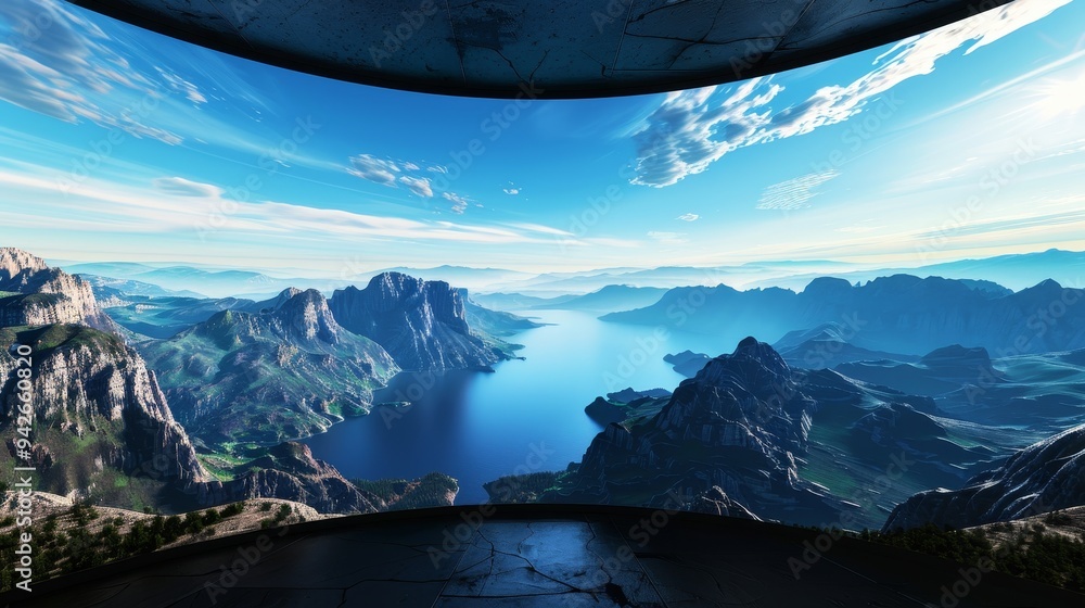 Immersive digital landscape art on curved screen with copy space, covering all objects, deep depth of field.