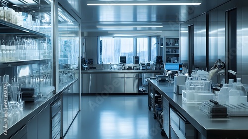 Wide shot of a laboratory with metallic silver tones and backlit equipment focusing on monkeypox research photo