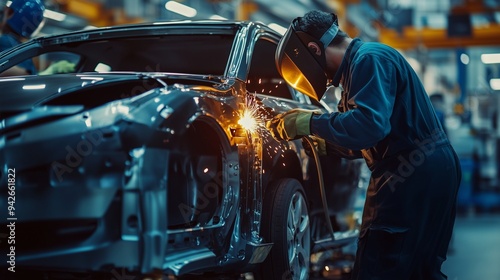 Skilled technicians meticulously welding a car body, the concentrated glow of the welding arc reflecting off their gear, set in a well-organized car repair center