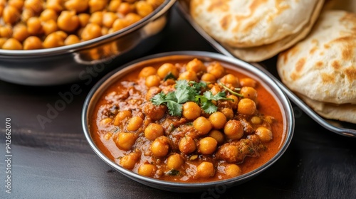 A busy Indian street food stall selling chole bhature, with fluffy bread and spicy chickpeas, chole bhature, Indian street food, spicy photo