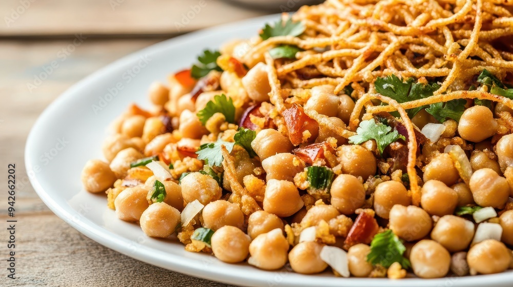 A close-up of a plate of chana chaat with chickpeas, tamarind, and sev, chana chaat, Indian street food, tangy A close-up of a plate of chana chaat with chickpeas, tamarind, and sev, chana chaat, Indian street food, tangy