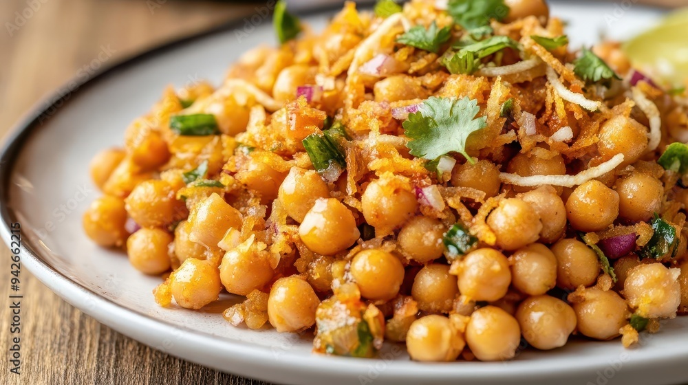A close-up of a plate of chana chaat with chickpeas, tamarind, and sev, chana chaat, Indian street food, tangy A close-up of a plate of chana chaat with chickpeas, tamarind, and sev, chana chaat, Indian street food, tangy