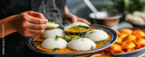 A vendor serving steaming plates of idli with coconut chutney and sambar from a roadside stall, idli, Indian street food, South Indian photo