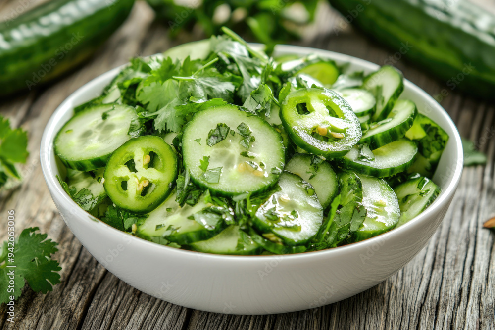 A fresh cucumber salad with jalapeno peppers on a wooden table, garnished with herbs. A fresh cucumber salad with jalapeno peppers on a wooden table, garnished with herbs.