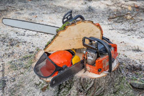 Motorsäge und Sicherheitshelm liegt auf einem Baumstamm, nachdem der Baum gefällt worden ist