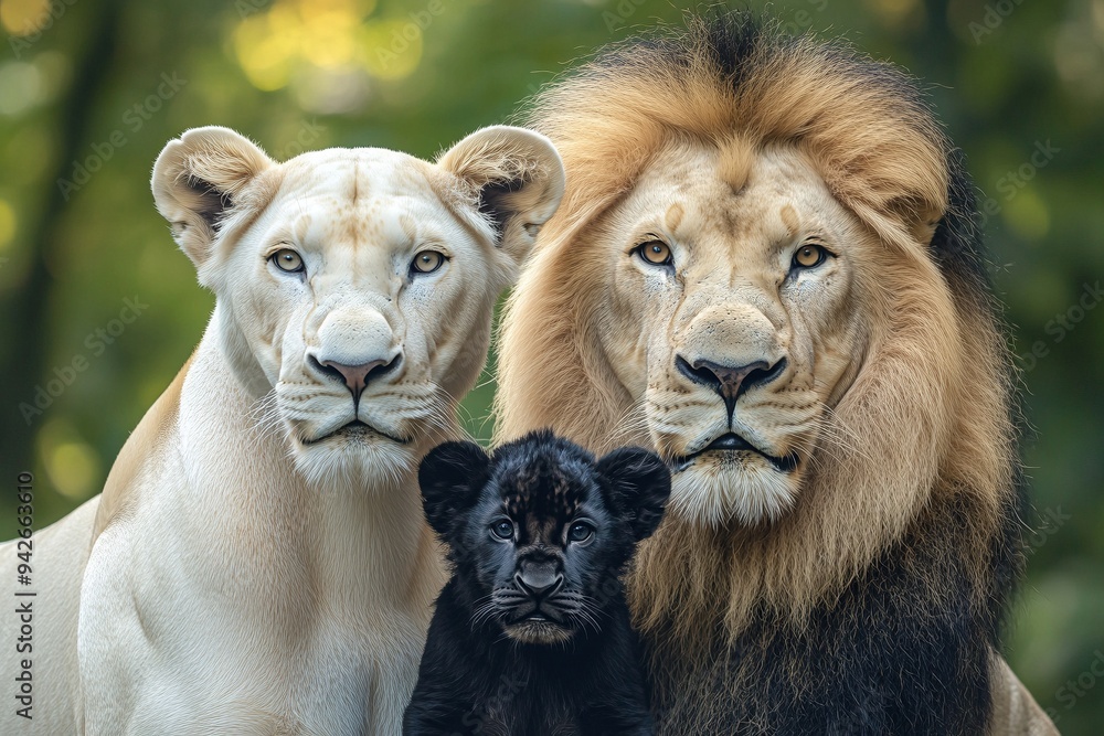 Obraz premium Retrato de una familia de leones con un león macho, una leona albina y su cachorro negro, mostrando unidad y majestuosidad en la naturaleza