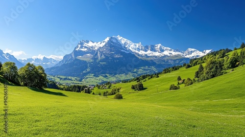 The breathtaking views of the Swiss Alps, with snow-capped peaks and rolling green meadows under a clear sky