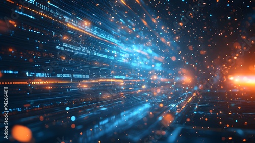 Image depicts vibrant blue and orange data streams pulsating against a dark background, creating an energetic, futuristic atmosphere with numerous glowing particles, evoking excitement.