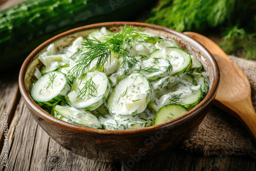 Traditional cucumber salad with mayonnaise and dill in a vintage bowl on a rustic table.