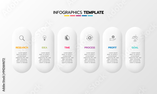 Business infographic template process with simple geometry square, rectangle, circle, triangle, curves in flat design template with thin line icons and 6 options or steps. Vector illustration.