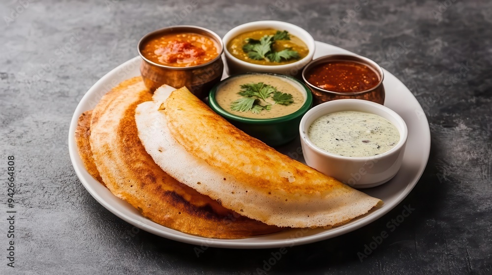 A plate of freshly made dosas, served with a variety of chutneys and sambar, dosa, Indian street food, South Indian A plate of freshly made dosas, served with a variety of chutneys and sambar, dosa, Indian street food, South Indian