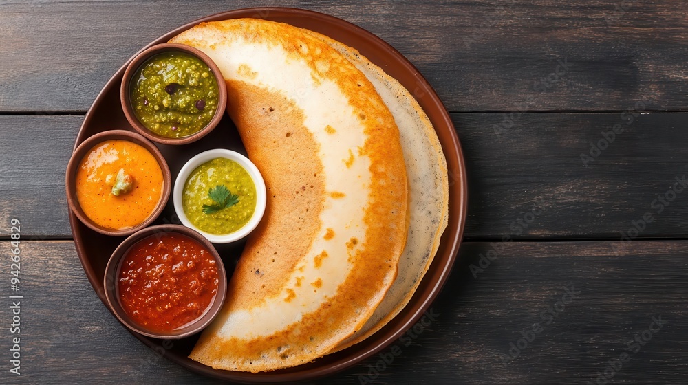 A plate of freshly made dosas, served with a variety of chutneys and sambar, dosa, Indian street food, South Indian A plate of freshly made dosas, served with a variety of chutneys and sambar, dosa, Indian street food, South Indian