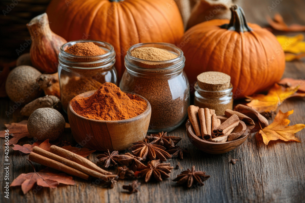 A collection of pumpkin spices with cinnamon, nutmeg, and cloves on a rustic wooden table. A collection of pumpkin spices with cinnamon, nutmeg, and cloves on a rustic wooden table.