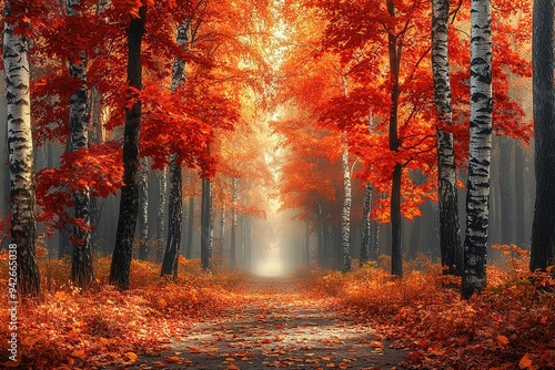 Colorful trees and footpath road in autumn landscape in deep forest. The autumn colors in the forest create a magnificent view. autumn view in nature