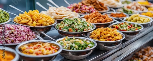 A street-side chaat cart offering a variety of spicy, tangy snacks, chaat, Indian street food, variety