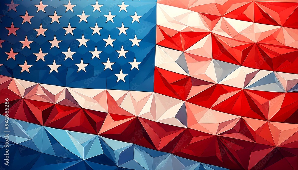 Low poly American flag design, geometric triangles in flag colors, style modern tech patriot. Background. Low poly American flag design, geometric triangles in flag colors, style modern tech patriot. Background.